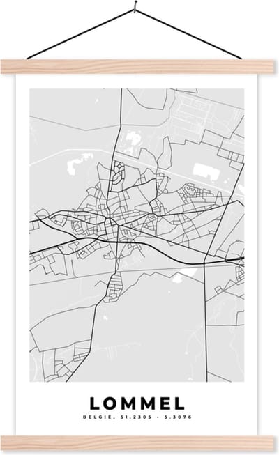 Posterhanger incl. Poster 40x60 cm - Schoolplaat - Zwart Wit – België – Plattegrond – Stadskaart – Kaart – Lommel - Textielposter - Blanke latten - Stadskaart