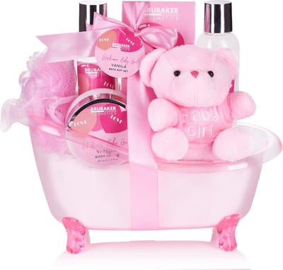 BRUBAKER Cosmetics 7-delige Babycadeauset voor meisjes- Cadeau voor babyshower - Babyverzorgingsset in Badkuip en pluche beer - Babycadeau - Roze - Kerstcadeau - Bodylotion - douchegel