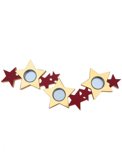 SANTEX - Kandelaar van hout en metaal rode en gouden sterren 40 x 13 x 2 cm kerstdecoratie