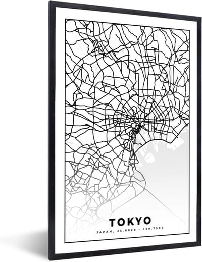 Fotolijst incl. Poster - Tokyo - Stadskaart - Zwart Wit - Plattegrond - Kaart - 40x60 cm - Posterlijst