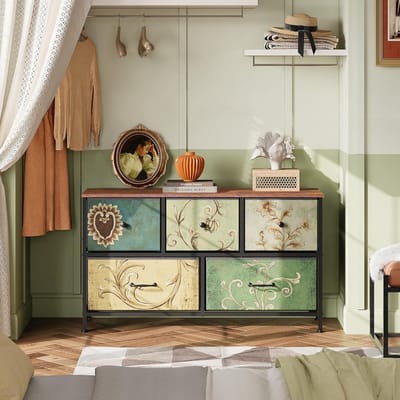 Commode met 5 lades, industriële opbergkast met metalen frame, lade-organizer met vintage bloemenpatroon van stof, 100x30x55,2 cm, rustiek houten blad, opbergmeubel voor slaapkamer, hal of woonkamer