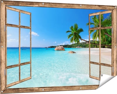 Gards Tuinposter Doorkijk Tropisch Strand en Zee - 150x100 cm - Tuindoek - Tuindecoratie - Wanddecoratie buiten - Tuinschilderij