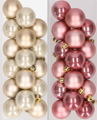Kleine kerstballen - 32x st - champagne en oudroze - D4 cm - kunststof - kerstversiering