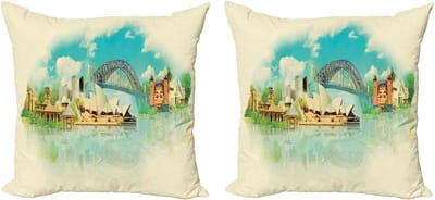 ABAKUHAUS Australië Decoratieve kussenhoezen 2-pack, Sydney stadsgezicht, moderne accent dubbelzijdige digitale print, 50x50 cm, crème en meerkleurig