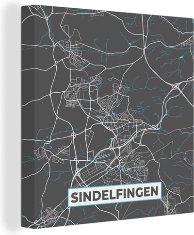 Canvas Schilderij Plattegrond – Sindelfingen – Blauw – Stadskaart – Kaart - Duitsland - 20x20 cm - Wanddecoratie