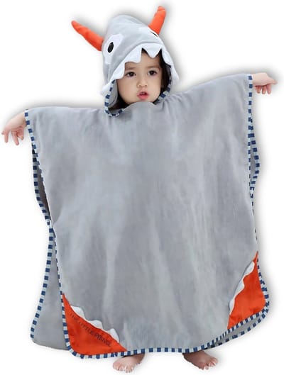 BoefieBoef Monster Bio Katoen Baby & Kinder Badponcho met Capuchon - Dieren Design - Badcape 1-7 Jaar - Peuter Strandponcho & Kleuter Zwemponcho - Absorberend & Sneldrogend - Handdoek - Kraamcadeau – jongens – meisjes – Sinterklaas – kerst - Grijs