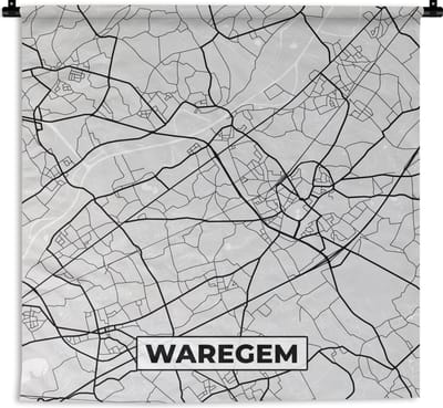 Wandkleed - Wanddoek - Plattegrond – Waregem – Zwart Wit – Stadskaart - Kaart - 90x90 cm - Wandtapijt