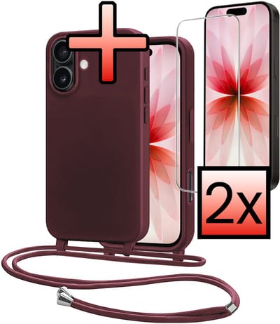 Hoes Geschikt voor iPhone 17 Met Telefoonkoord Met 2x Screenprotector - Siliconen Hoesje Backcover Met Ketting - Aubergine