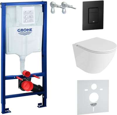 Inbouwreservoir Complete Toiletset Grohe Solido 39069000 - Inbouw WC Hangtoilet Wandcloset Sofi One Wit Hoogglans - Bedieningsplaat EVEN 3in1 Zwart - Voorwandelement - Installatiesysteem