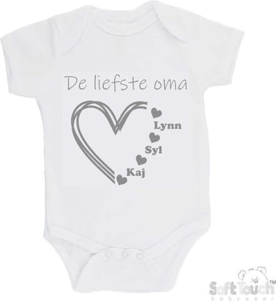 100% katoenen Romper "De liefste oma met de namen van 3 kleinkinderen" Unisex Katoen Wit/grijs Maat 56/62