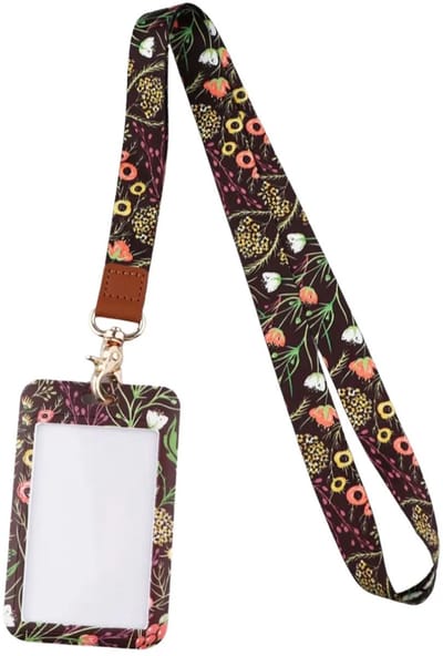 Travel Cords - keycord met pashouder Flowers Black - uitschuifbaar - eenzijdig transparant venster - lanyard - passen, sleutels en telefoon - bloemen - met telefooncord - hardcase