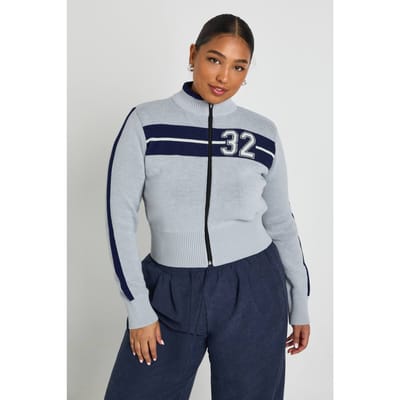 boohoo Dames Plus Varsity Zip-Front Cardigan | Grey | Maat: 20-22