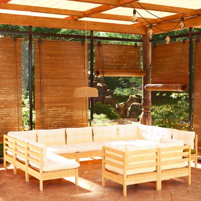 vidaXL - 11-delige - Loungeset - met - crèmekleurige - kussens - grenenhout