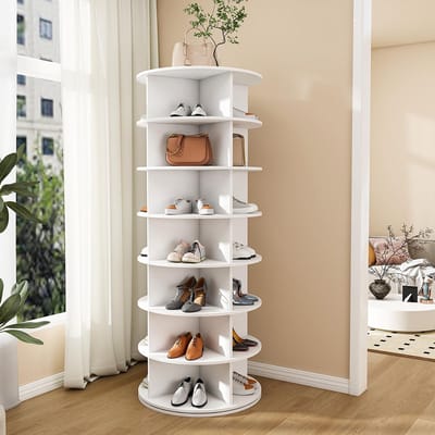 BLACKCOLORS Draaibare schoenenrek met 7 niveaus, 360° draaibaar – Vrijstaand schoenenrek voor 28 paar schoenen, ruimtebesparend, wit (60 × 60 × 161 cm)