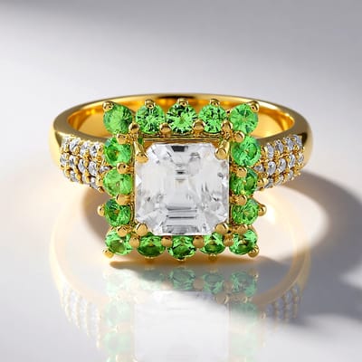 Cavill - Elegante Ring 925 Sterling Zilver - 3,684 ct Cambodjaanse Octagon Asscher Zirkoon & 1,153 ct Groene Tsavoriet