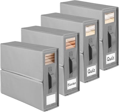 4 Stuks Opbergzakken voor Beddengoed, Oxford-stof, Opvouwbare Opbergdoos met Venster en Etiket voor Onder Bedden, Kasten, Laden (Grijs)