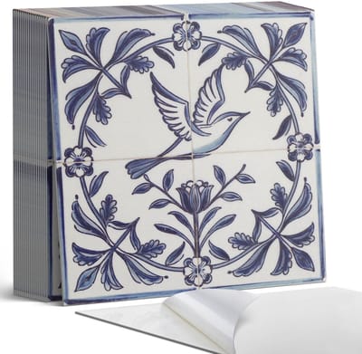 Coloray Plaktegels - Vogel tussen plantenmotief Zelfklevende Tegels - 20 cm x 20 cm - Blauw Plaktegels - 20 stuks - Vierkant PVC Tegels - Plaktegels Badkamer - Plaktegels Vloer - Vinyltegels Vloer Zelfklevend - Wandtegel Zelfklevend