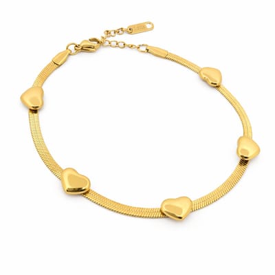 Stalen damesarmband - goudkleurig - platte snake schakel - hartjes - lengte 18-20 cm