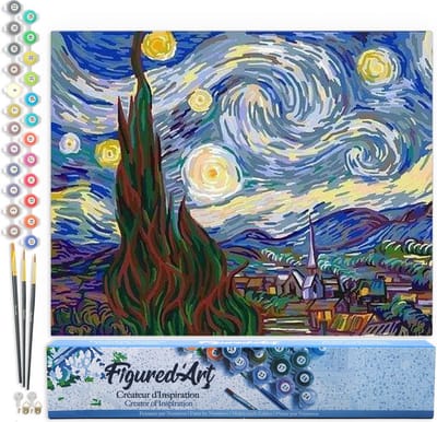 Figured'Art Schilderen op Nummer Volwassenen canvas Van Gogh Sterrennacht - Handwerk acrylverf Kit DIY Compleet - 40x50cm zonder frame