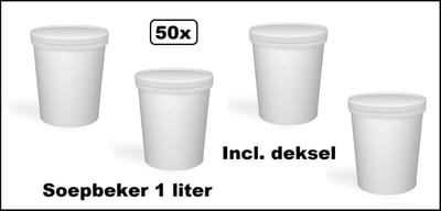 50x Soepbeker karton 1 liter met deksel wit - Soep salade beker festival warme dranken maaltijd carnaval