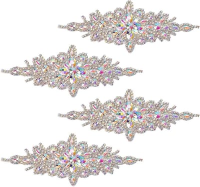 4 Stuks Crystal AB Rhinestone Applicaties - Diamantvormige Strass Patches voor Bruidsjurken, Hoofddeksels en Kleding - 240x95x5.5mm, Ijzeren of Naai Patches