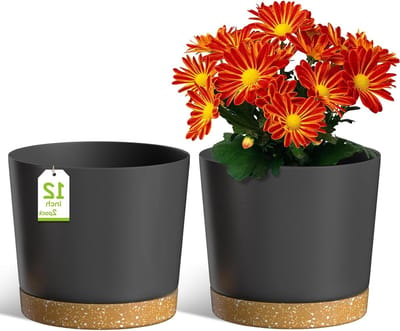Moderne 30cm Plantenpotten met Afvoergaten en Afneembare Schotel, Set van 2, Perfect voor Huiskamer en Tuin in Donkergrijs