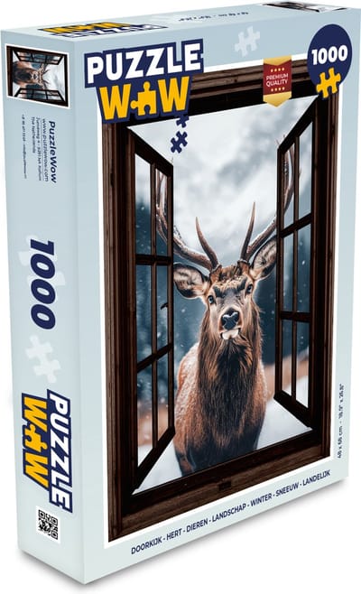 Puzzel Doorkijk - Hert - Dieren - Landschap - Winter - Sneeuw - Landelijk - Legpuzzel - Puzzel 1000 stukjes volwassenen