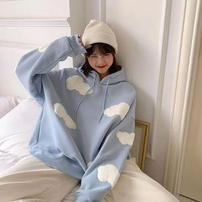 Sweatshirt Dames Winter Wolken Pullover Dames Plus Fluweel Warm Lange Mouw Tops Casual Hoodies XXXL lichtblauwe kleur