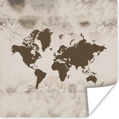 Poster 30x30 cm - Wereldkaart - Bloemen - Groen - Posters - Kamer decoratie - Wanddecoratie woonkamer - Muurdecoratie slaapkamer