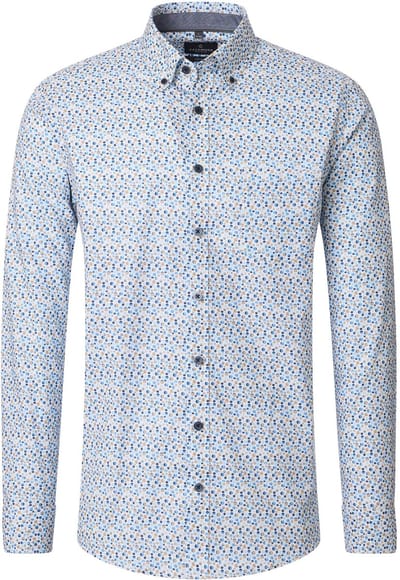 CASA MODA Sport casual fit overhemd - twill - wit met beige en blauw balletjes dessin - Strijkvriendelijk - Boordmaat: 49 - 50