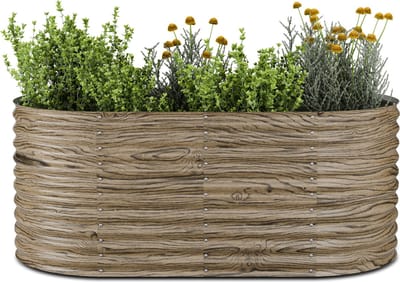 Blumfeldt High Grow Verhoogd Bed, ergonomisch 1.169 L Ovaal Bed in Hout-look, Weerbestendig Gegalvaniseerd Metaal voor Bloemen, Kruiden & Groenten - Roestbestendig Met Open Bodemstructuur & Eenvoudige Montage - Kweekbak - voor Tuin
