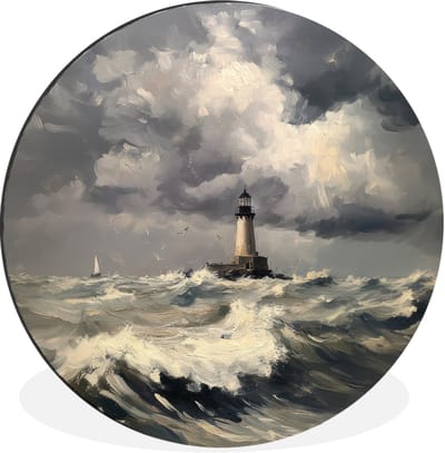 WallCircle - Wandcirkel - Muurcirkel - Vuurtoren - Golven - Storm - Aluminium - Dibond - 30x30 cm - Binnen en Buiten