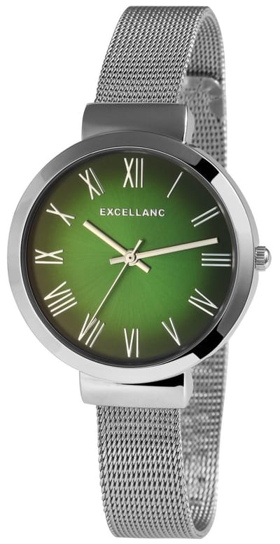 Excellanc-dameshorloge-model 1300036-008-Milanese band-verstelbare band-zilverkleurig-groen-diameter 34