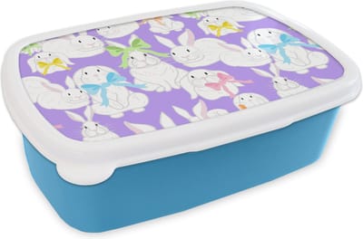 Broodtrommel Blauw - Lunchbox - Brooddoos - Patronen - Konijn - Paars - Lente - 18x12x6 cm - Kinderen - Jongen