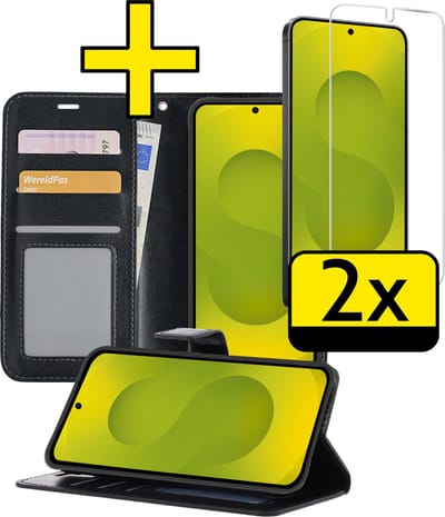 Hoesje - Met 2x Screenprotector - Geschikt voor Samsung Galaxy S25 - Luxe Pasjeshouder - Bookcase Portemonee - Flip Case - Kunstleer Book Case - Flipcase Hoes - Book Cover - Walletcase - Portemonneehoes - Telefoonhoesjes - Zwart