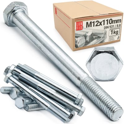 LUN FIX - Zeskantschroeven M12 x 110 - 1 kg (ca. 9 stuks) - DIN 931 Volledige schroefdraad - verzinkt staal