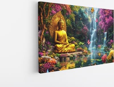 Saammp Canvas Schilderij - Boeddha in bloementuin - Abstract - 45x30 - Foto op canvas - Wanddecoratie - Muurdecoratie Woonkamer - Slaapkamer decoratie - Canvas Print
