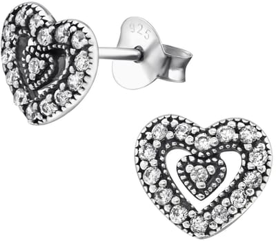 Joy|S - Zilveren hartjes oorbellen - 8 mm - zirkonia - geoxideerd