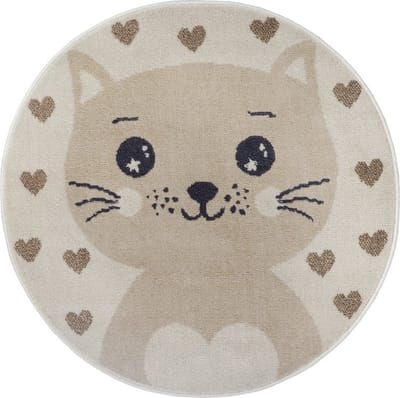 Flycarpets Adventures Kinderkleed Rond vloerkleed -Kat - Crème / Beige - 140x140 cm