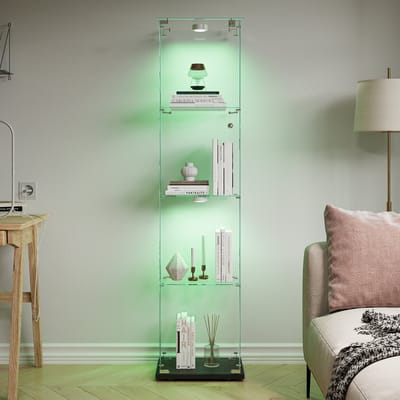 LED-vitrinekast met glazen deuren, één deur, afsluitbaar met vier lagen, geschikt voor de woonkamer, voor verzamelobjecten, boeken of als wijnkast - zwarte LED-stripverlichting