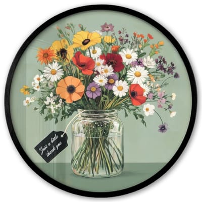 Poster in lijst Rond - Fotolijst 40x40 cm - Posters - Bloemen - Vaas - Kaartje - Ronde posterlijst zwart - Decoratie - Wanddecoratie woonkamer - Muurdecoratie slaapkamer