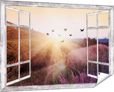Gards Tuinposter Doorkijk Silhouet Zwerm Vogels bij Zonsondergang - 150x100 cm - Tuindoek - Tuindecoratie - Wanddecoratie buiten - Tuinschilderij