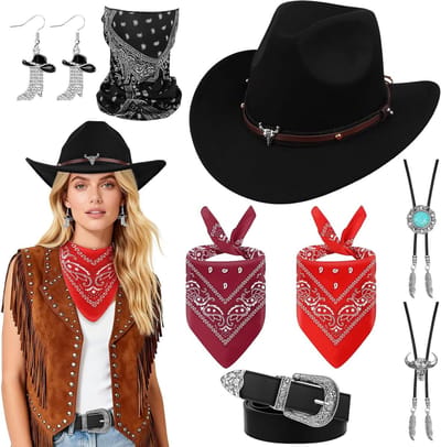 Compleet 8-delig cowgirl kostuum voor vrouwen en tieners met cowboyhoed en accessoires voor themafeesten, carnaval en Valentijnsdag