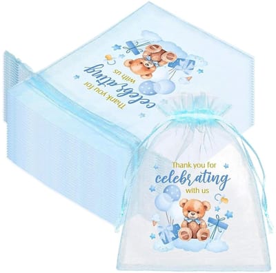 20x Organza Zakjes Met Print - Organza Met Opdruk - 10x15cm - Feestzakjes - Snoepzakjes - Cadeauzakjes - Uitdeelzakjes - Sieradenzakjes - Thank You For Celebrating With Us - 10x15 cm - Baby - Geboorte - Babyshower - Blauw - 20 Stuks