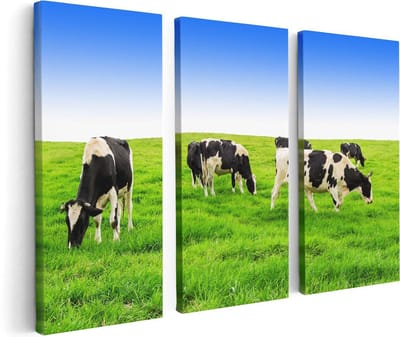 Artaza Canvas Schilderij Drieluik Kudde Koeien In De Wei - Hemel Blauwe Lucht - 120x80 - Foto Op Canvas - Canvas Print