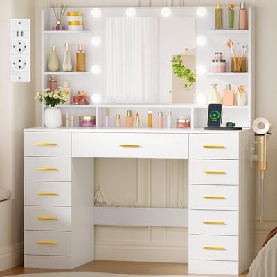 Kaptafel met Spiegel - Make-uptafel Verlichting - Make-up Aanbrengen - Geïntegreerde Stopcontacten - 11 Laden 6 Planken - Modern Wit