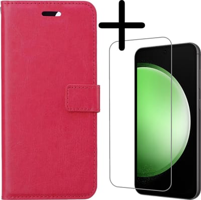 Hoesje Met Screenprotector - Geschikt voor Samsung Galaxy S23 FE - Luxe Pasjeshouder - Bookcase Portemonee - Flip Case - Kunstleer Book Case - Flipcase - Book Cover - Walletcase - Portemonneehoes - Donkerroze