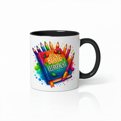Beste Leerkracht Kleurrijk Design Zwart-Witte Mok 330ml – Vrolijk Nederlands Bedankcadeau voor Leraren