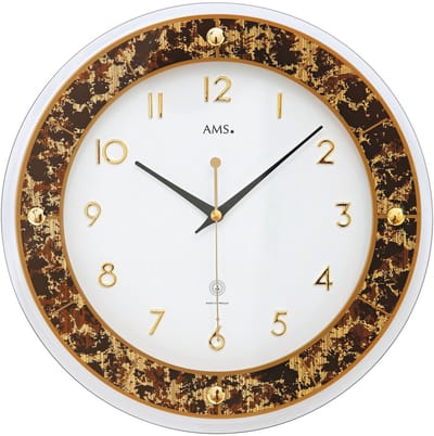 AMS F5853 - Wanklok - Analoog - Radiogestuurde tijdsaanduiding - Rond - Aluminium - Mineraal Glas - Cijfers - Wit - Zwart - Goudkleurig - 31 cm ø
