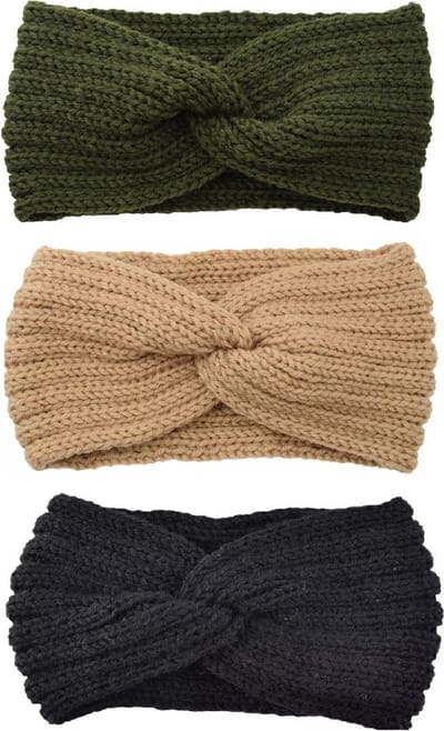 3 Stuks - Gebreide Winter Dames Oorwarmer met Knoop - Groen Camel Zwart
